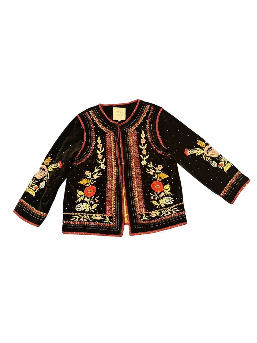 John Mark Satin Gold Lined Jacket with Black and Burgundy Trim, like new,Sz M
